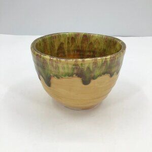 Vintage Glazed Bowl Handmade Studio Art Decor Yellow Green Glazed Artist Signed